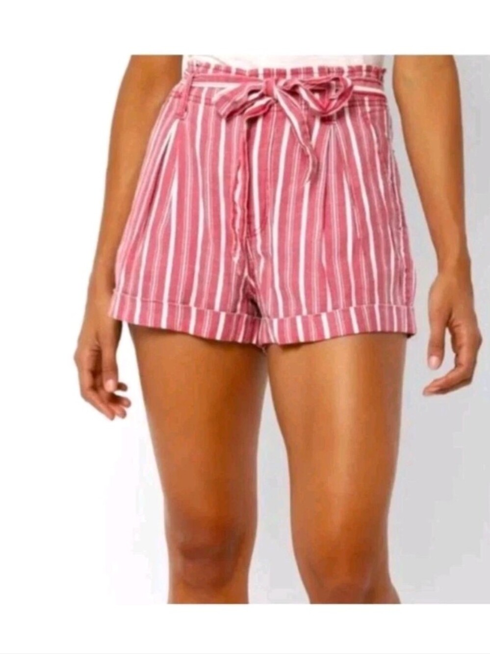 American Eagle Shorts Womens 6 Red White Striped Linen High Rise Paper Bag Belt